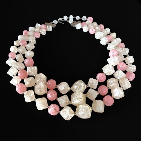 Vintage Made in Austria Pink Triple Strand Necklace Set - Picture 2 of 6